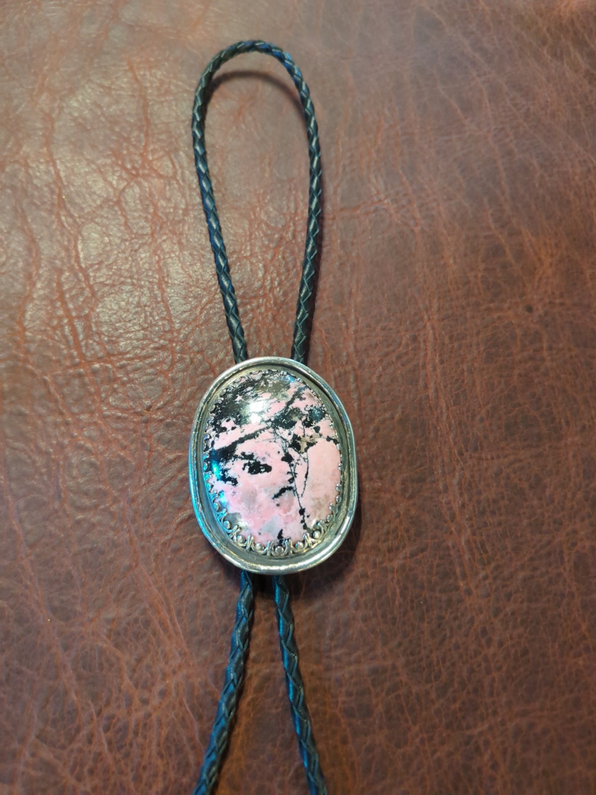 bolo tie sterling silver handmade rhodonite