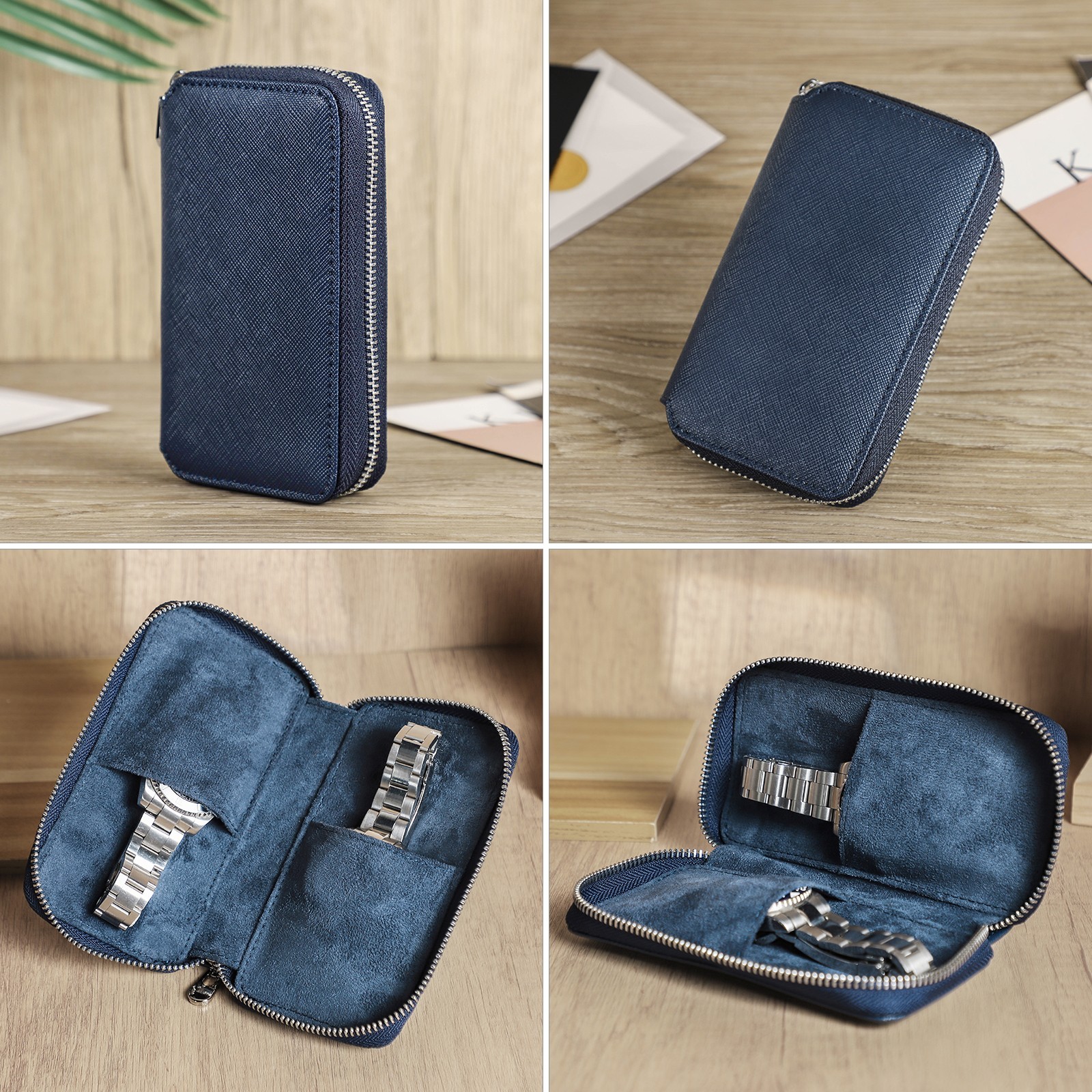 Saffiano Leather 2 Slot Watch Pouch Travel Case 5.9″ Suede Interior Zip