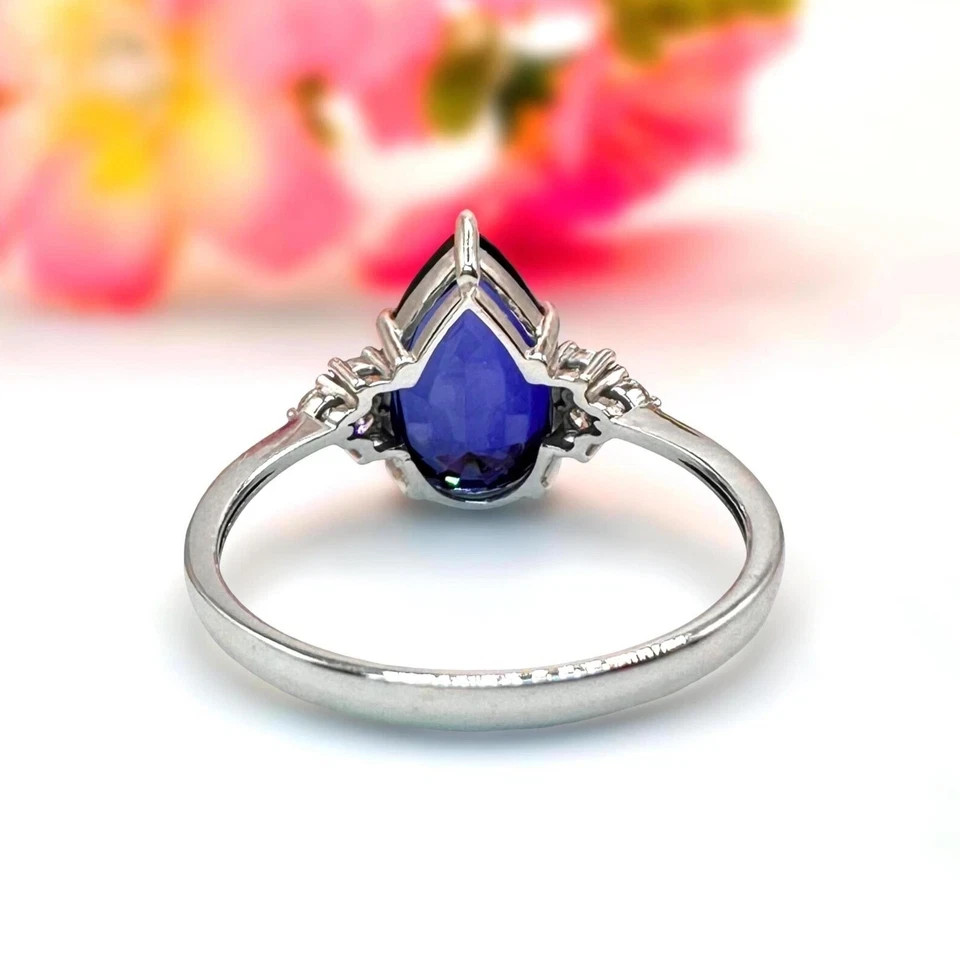 4.80Ct Pear Cut Natural Blue Sapphire & Diamond 14K White Gold Wedding Ring