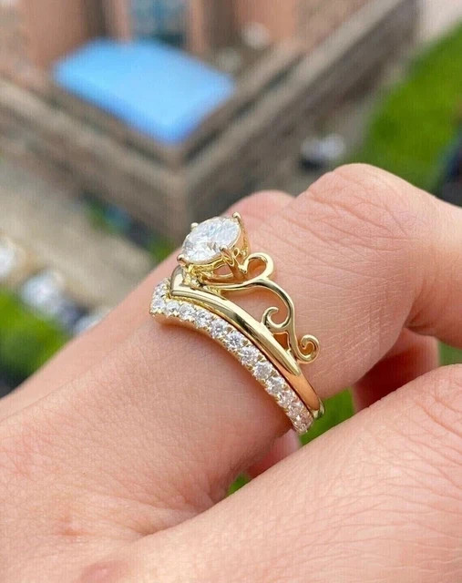 2Ct Round Cut Lab Created Diamond Wedding Bridal Set Ring 14k Yellow Gold Plated