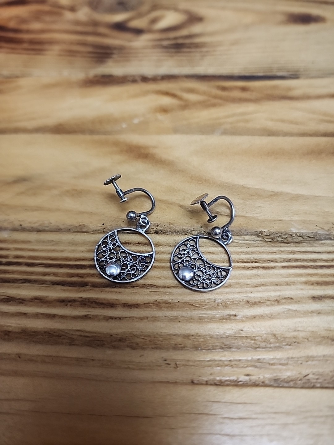 Pair of Unique Antique Art Deco Filigree Silver 835 Screw Back Earrings