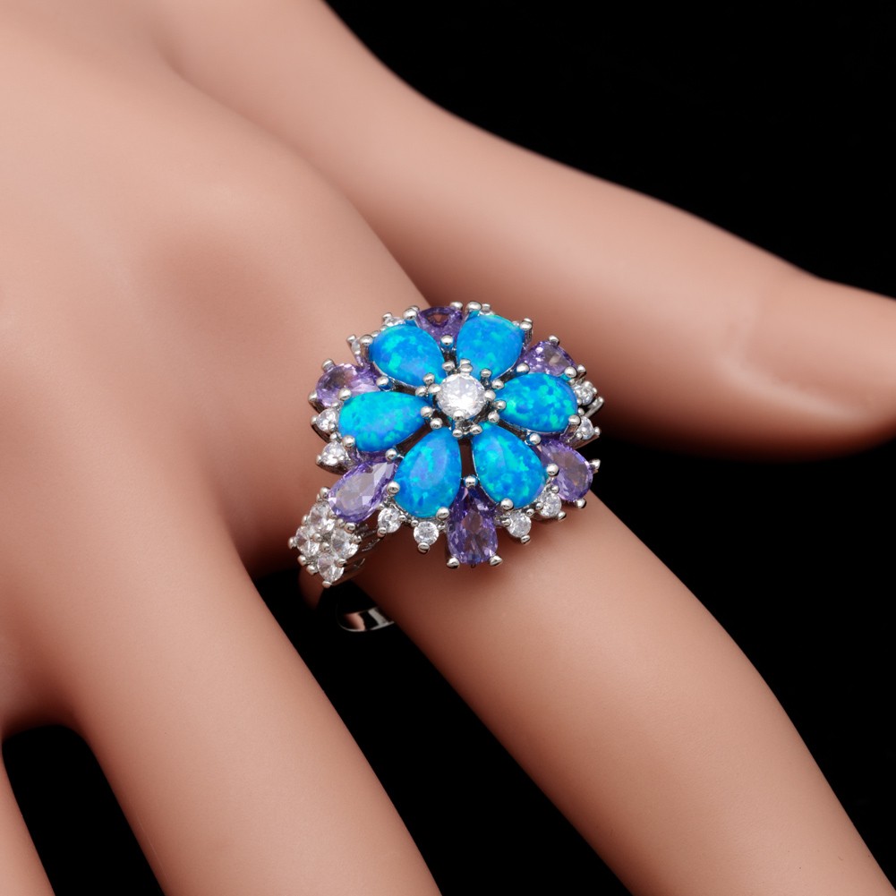 Simulated Amethyst 4×6 Blue Fire Opal CZ Silver Jewelry Cluster Ring Size 7 8 9