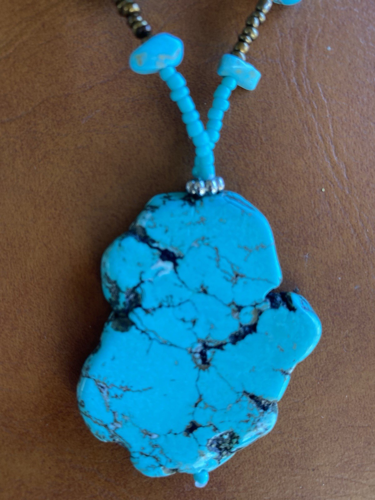 Necklace Pendant Turquoise Stone Like Beaded 25” Boho Statement