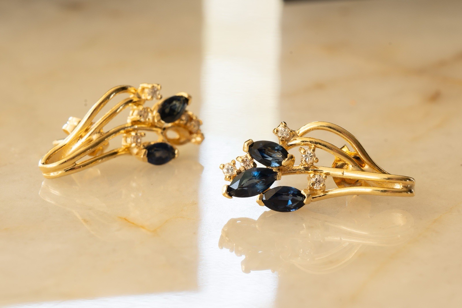 14K Yellow Gold Natural Marquise Sapphire & Diamond Stud Earrings