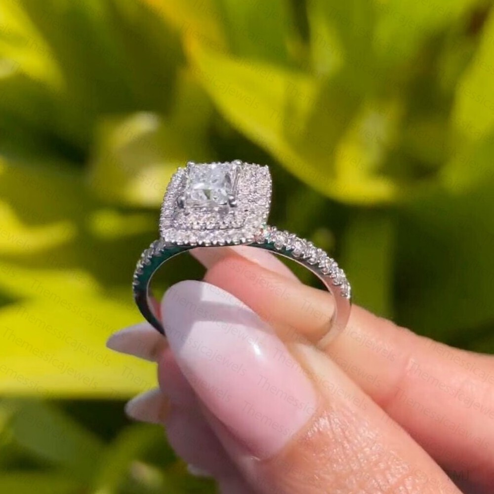 1.45 TCW Princess Moissanite Double Halo Engagement Ring 14K White Gold Plated