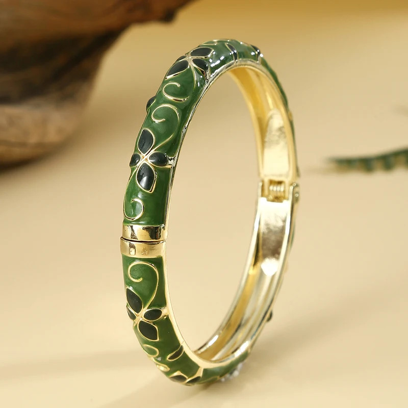 Flower Pattern Enamel Cloisonne Bracelet for Women Retro Gold Color Plated Bangl