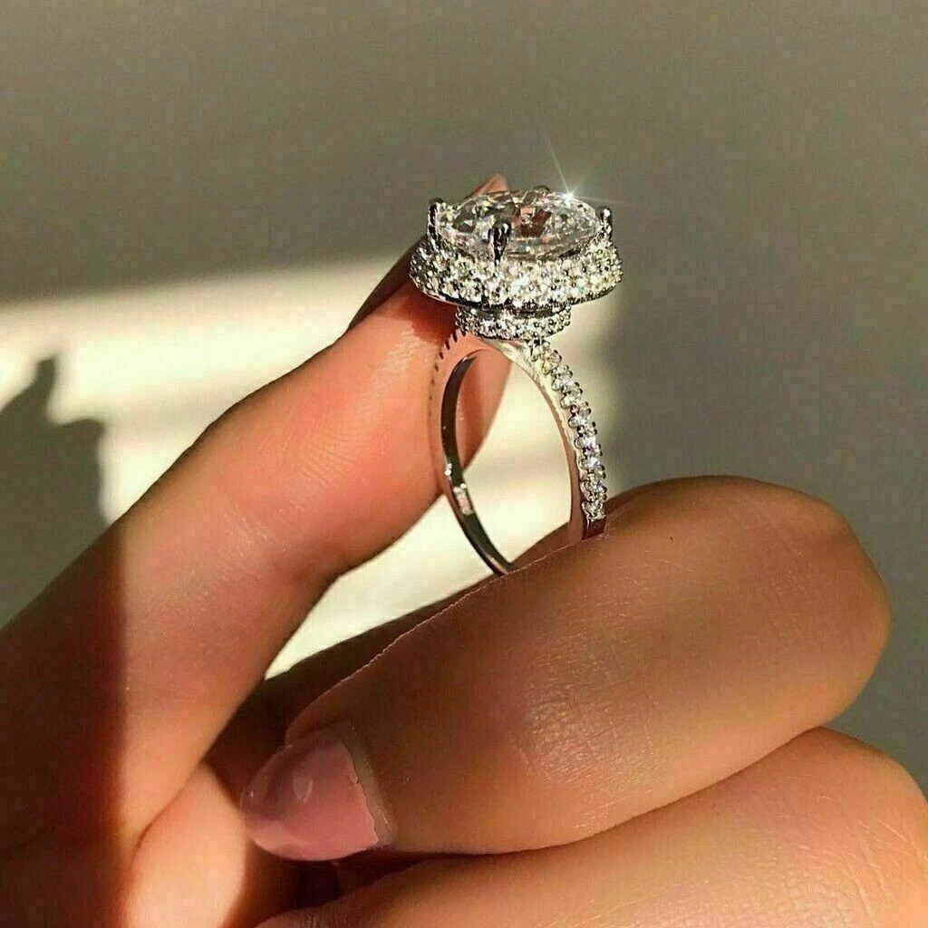 3Ct Lab Created Diamond Oval Halo Engagement Wedding Ring 14K White Gold Plated