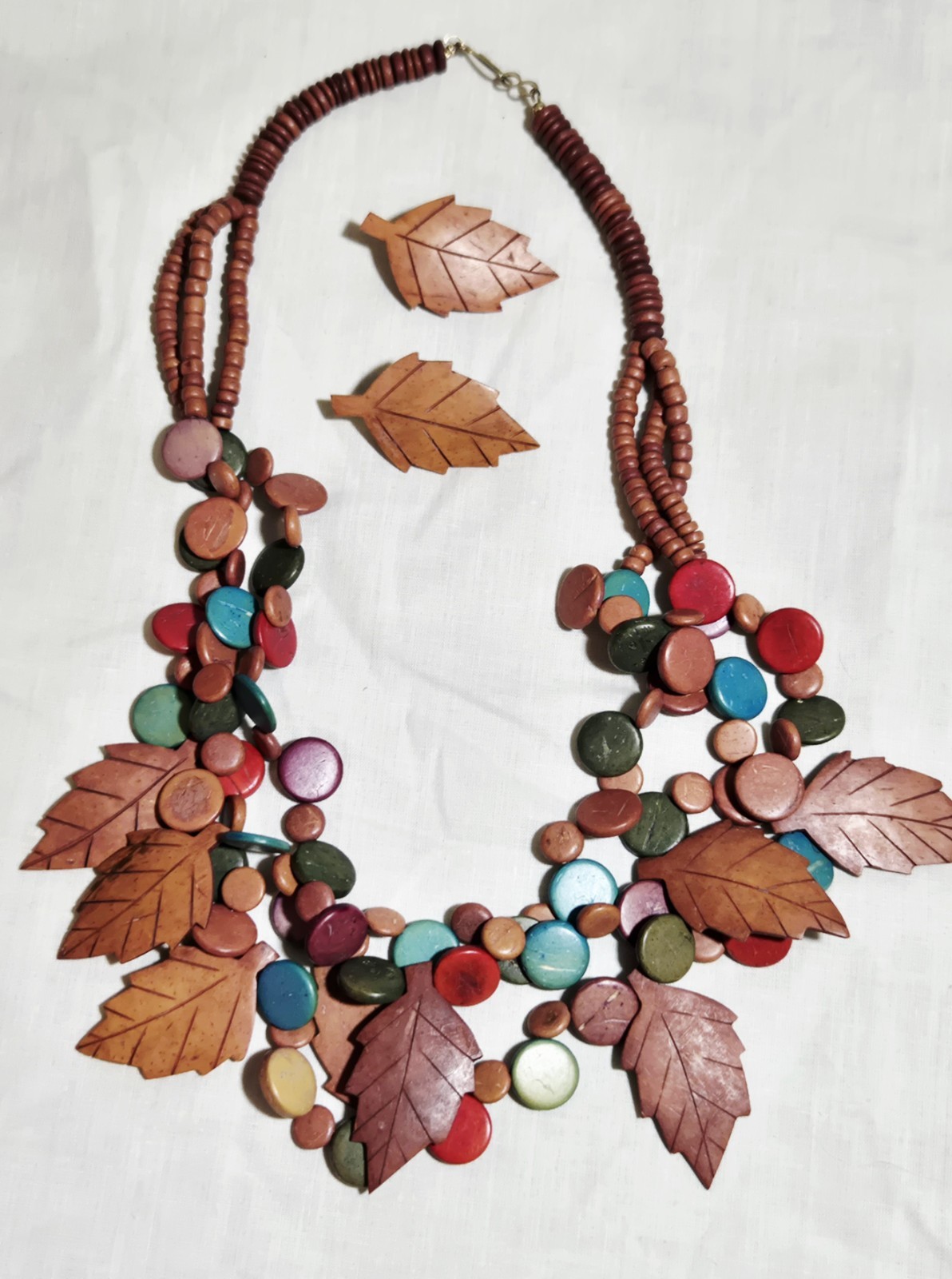 Vintage Costa Rica Colorful Tropical Three Strand Leaf Necklace Leaf Earrings
