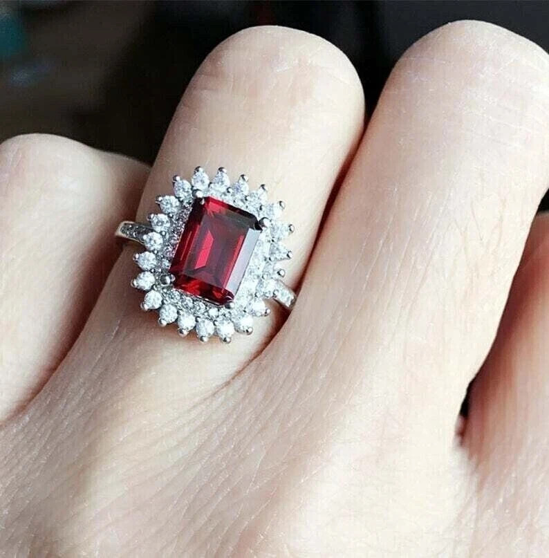 4.20Ct Emerald Cut Cut Natural Red Ruby & Diamond 14K White Gold Wedding Ring