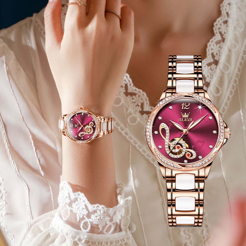 OLEVS 6656 Leather Ceramic Gear Superior Women Dress Mechanical Automatic Watch