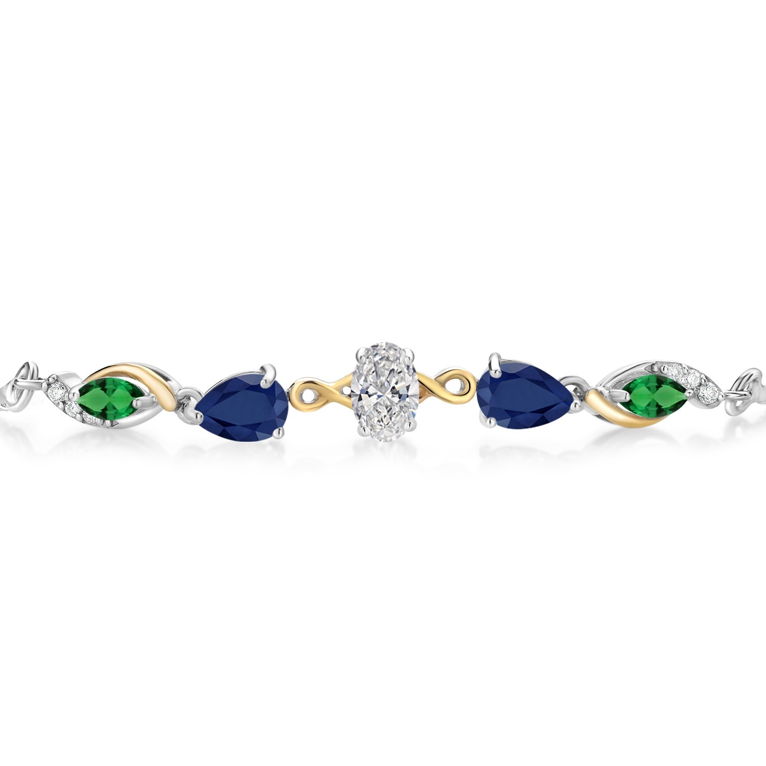 925 Silver and 10K Yellow Gold Lab Grown Diamond, Sapphire and Nano Emerald