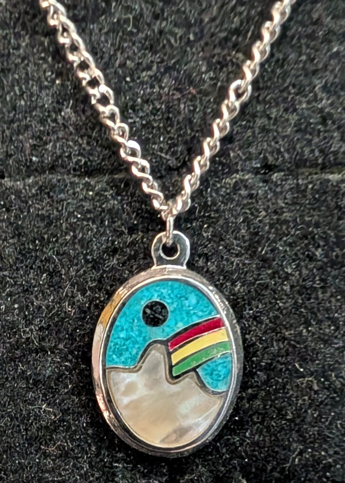 Vintage Nickle Silver Necklace Rainbow Mountain Resin Filled Multicolor
