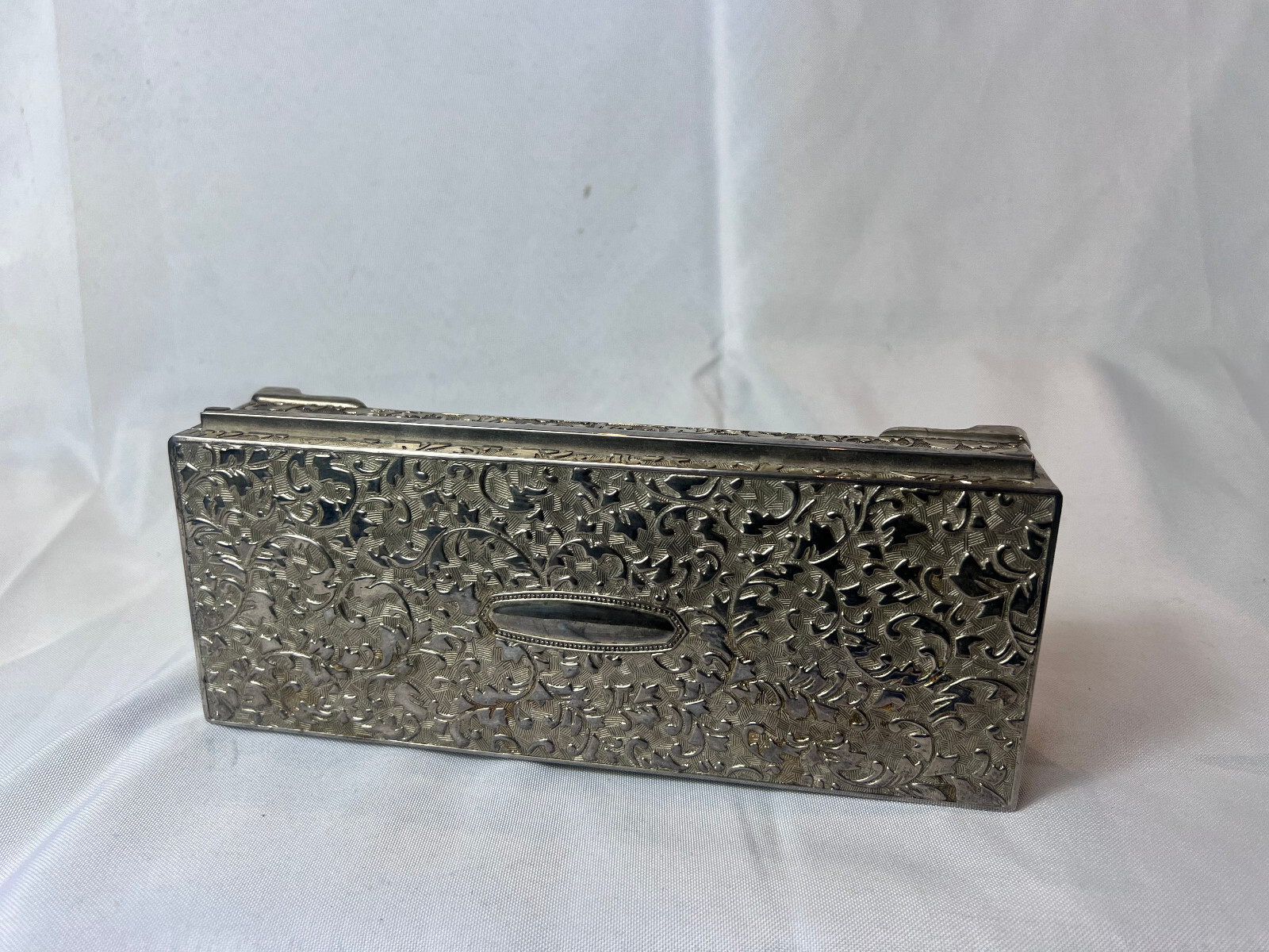 Vtg Silver Tone Jewelry Box Mirrored Dresser Vanity Table Top Lined Case