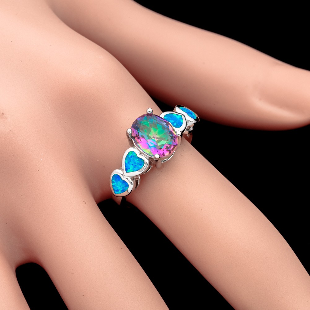 7×9 Rainbow Mystic Topaz Blue Fire Opal Silver Jewelry Women Ring Size 7 8