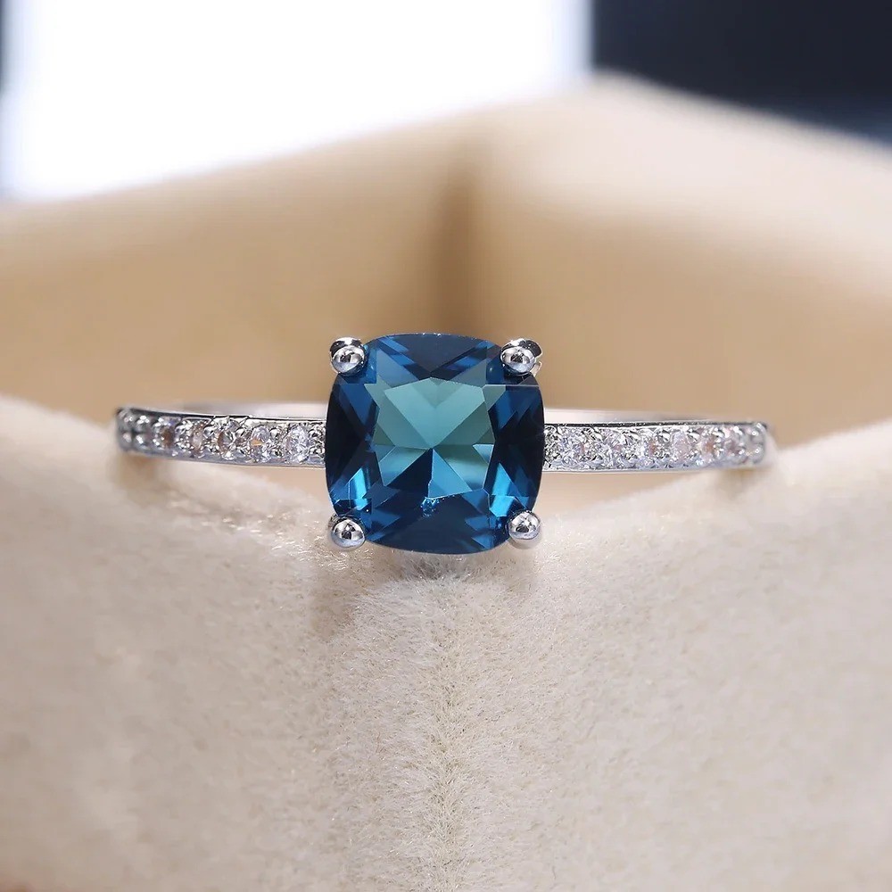 925 Sterling Silver Rings Blue Oval Zircon Women Fashion Jewelry Ring Size 5-10