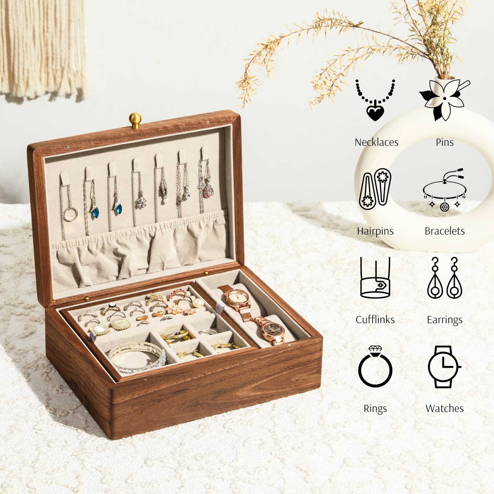 EURIELK Wooden Jewelry Box, Two Layer Medium Size Real Natural Solid Walnut Wood