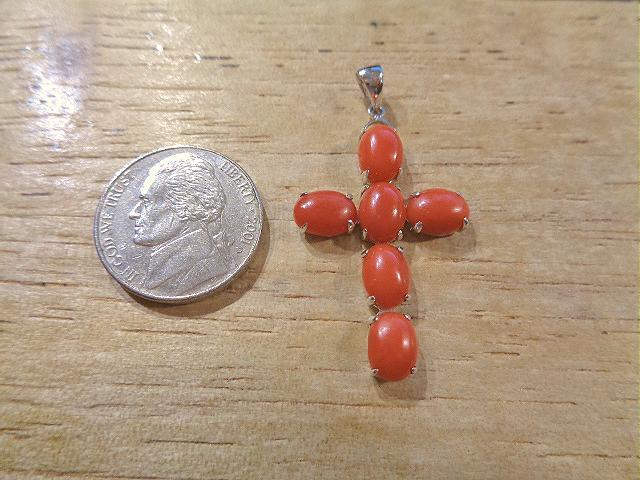 22.5MM SOLID 14K WHITE GOLD 6.18CTS ITALIAN RED CORAL OVAL BEAD CROSS PENDANT