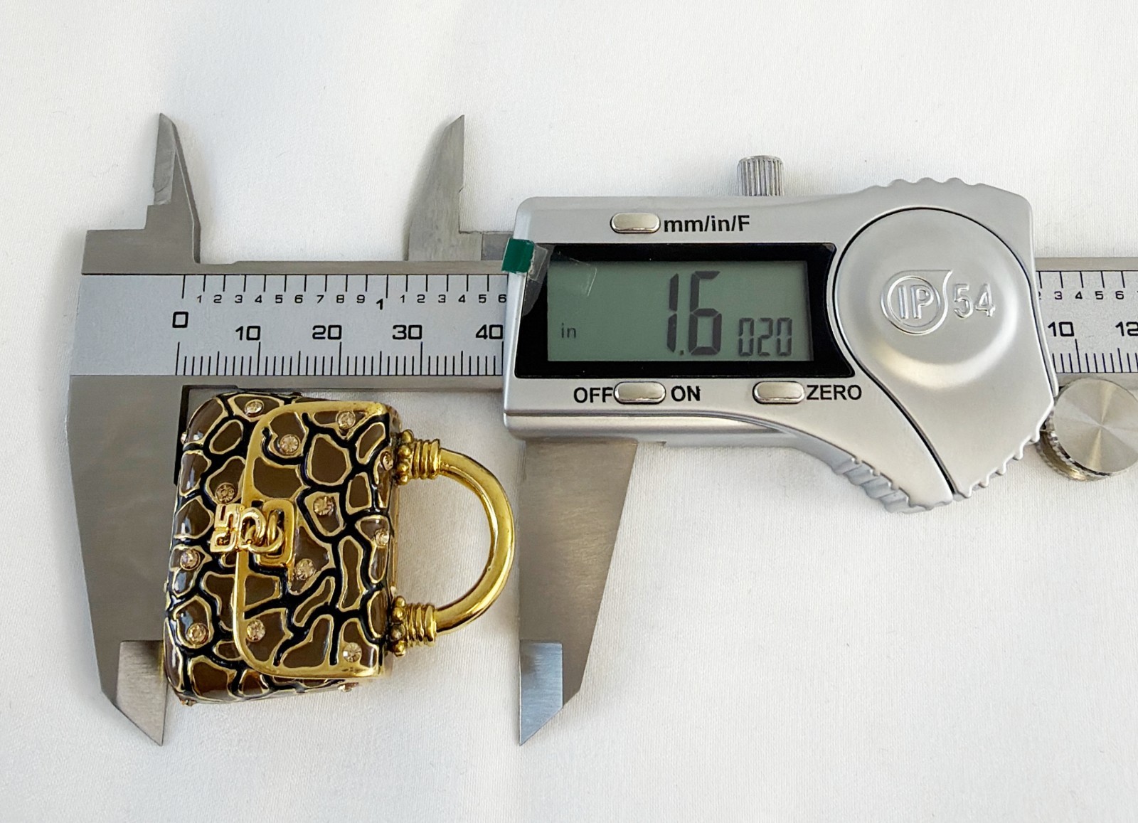 NEW ST. JOHN Handbag Brooch Brown Print Enamel Crystals 24KGP Logo Pin Enhancer