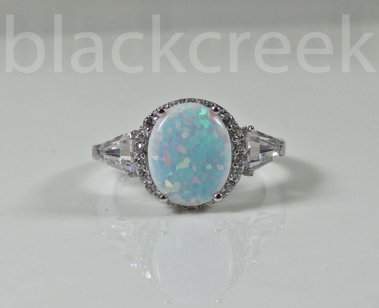 925 Sterling Silver~White Fire Oval Opal/Micro Pave Ring Choose Size