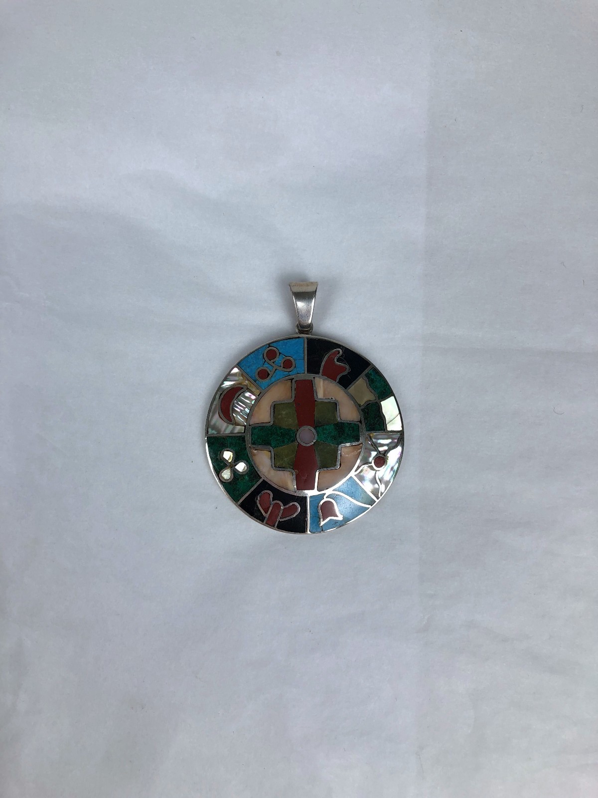 Mexico Peru 950 sterling silver inlaid stone Circle Chakana Pachamama pendant