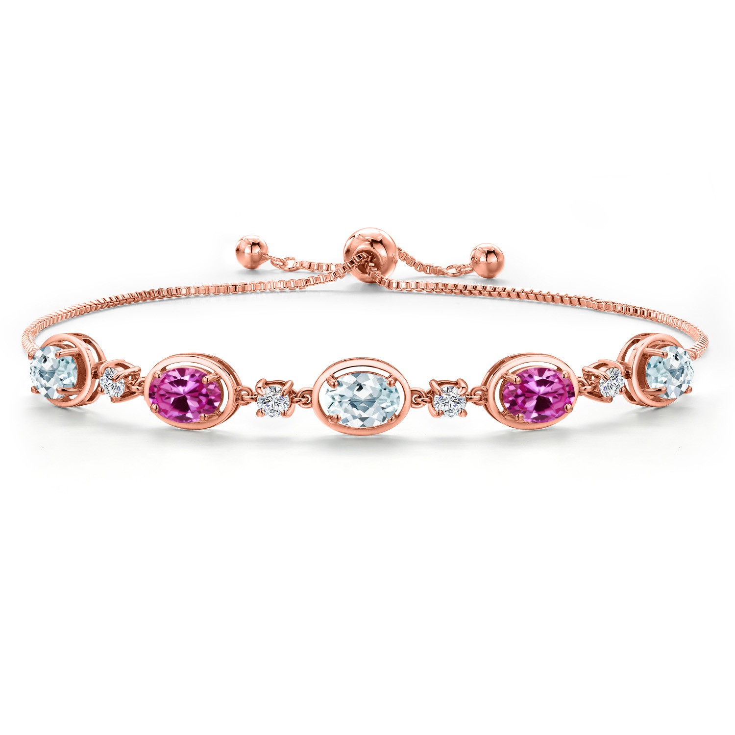 18K Rose Gold Plated Silver Aquamarine and Pink Created Sapphire and Lab Grown