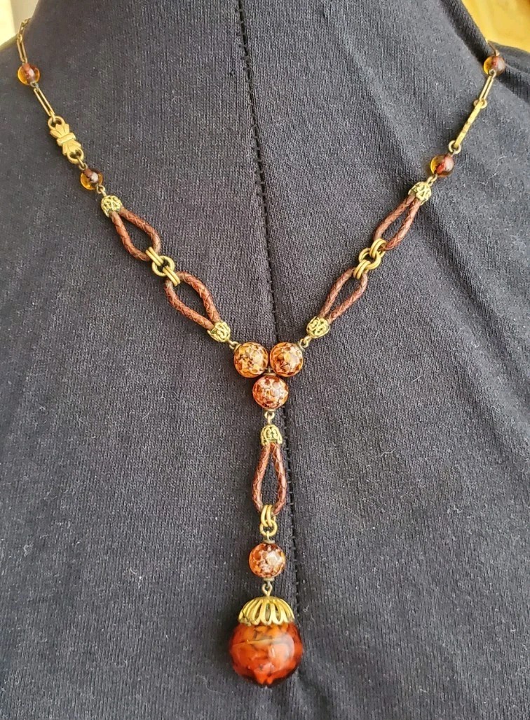 1920s ART DECO ~ LOUIS ROUSSELET Glass & Plaited Leather PENDANT Y NECKLACE