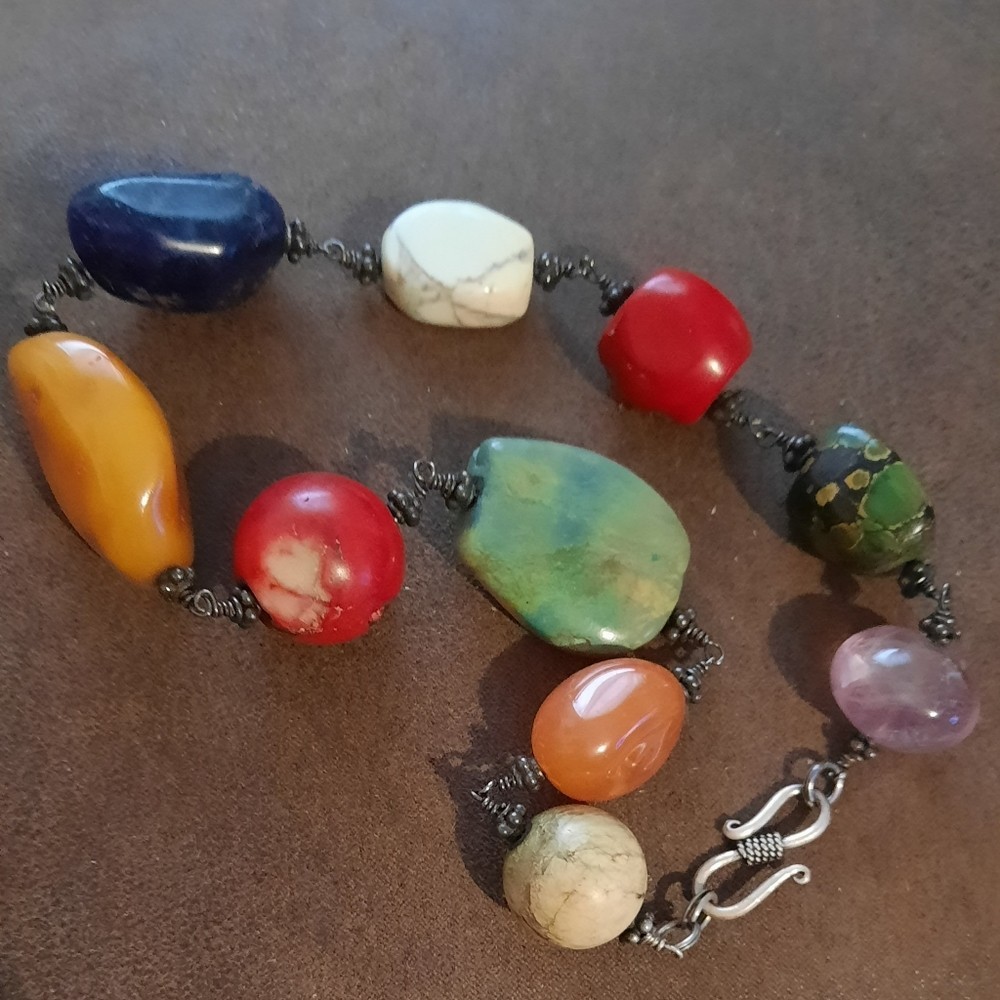Turquoise coral lapis sterling 925 necklace vintage 15in gemstones Choker