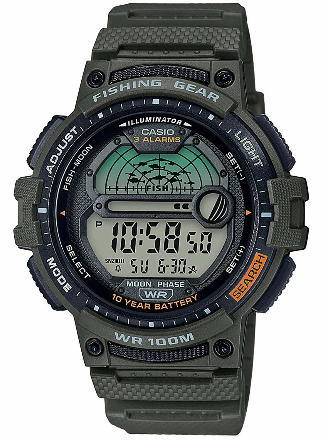 Casio WS-1200H-3AV, Fishing Tide/Moon Graph, 10 Year Battery, Green , 3 Alarms