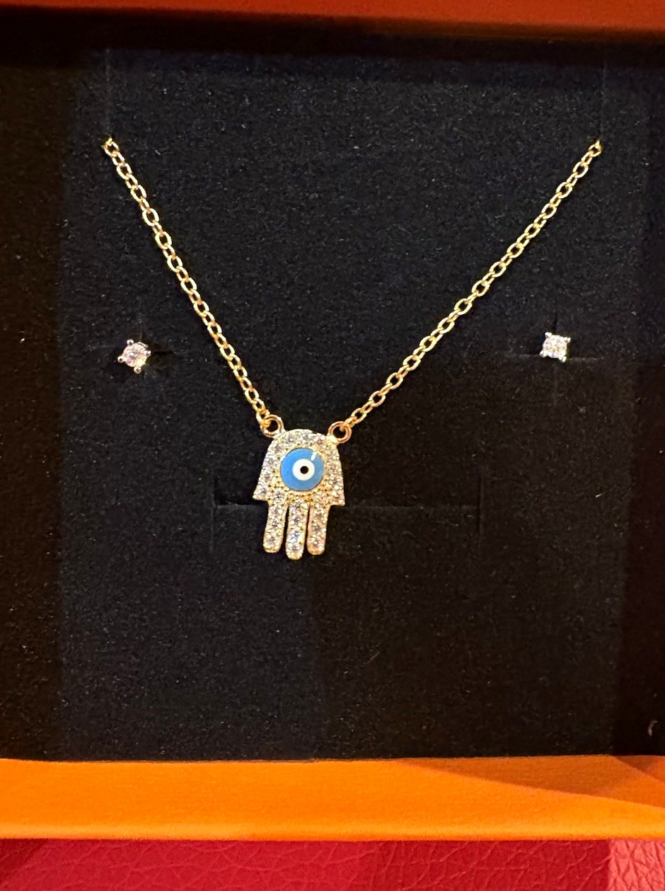 14K Yellow Gold Moissanite Hamsa Hand Evil Eye Pendant Cable Necklace 16-18″