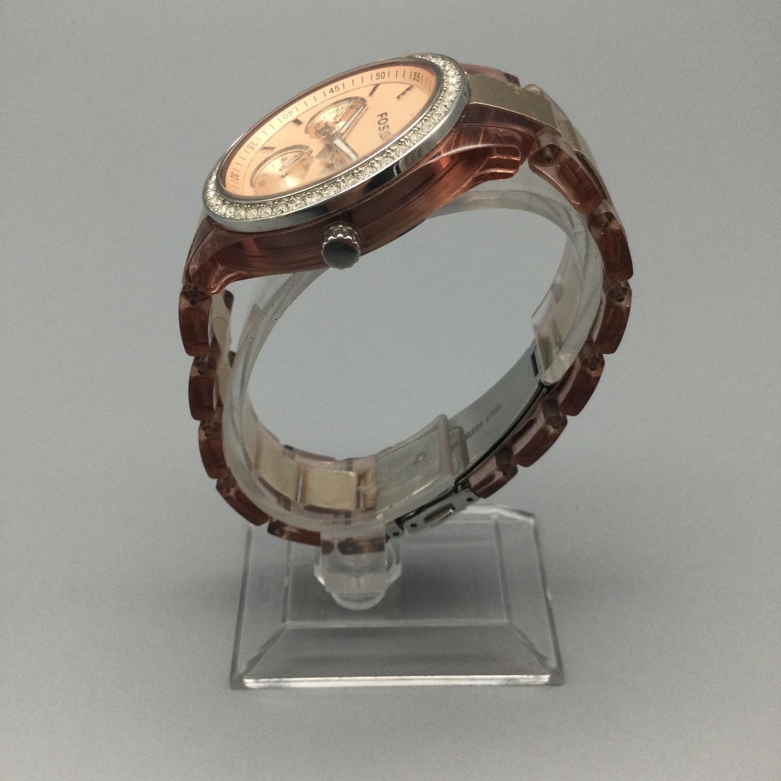 Fossil Riley ES2816 Womens Watch 37mm Gold Tone Pink Bracelet New Battery 7″