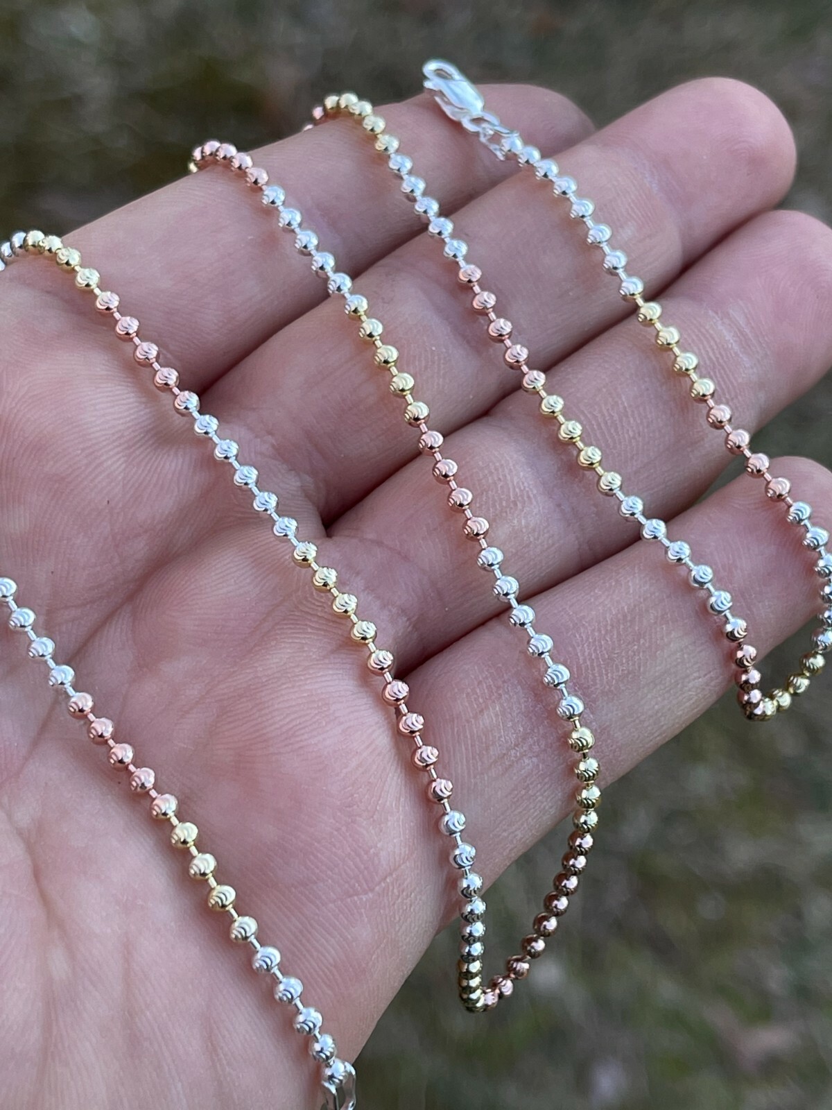 Tri Color Yellow Rose Gold Plated Real 925 Silver Moon Ball Chain Necklace 2.5mm