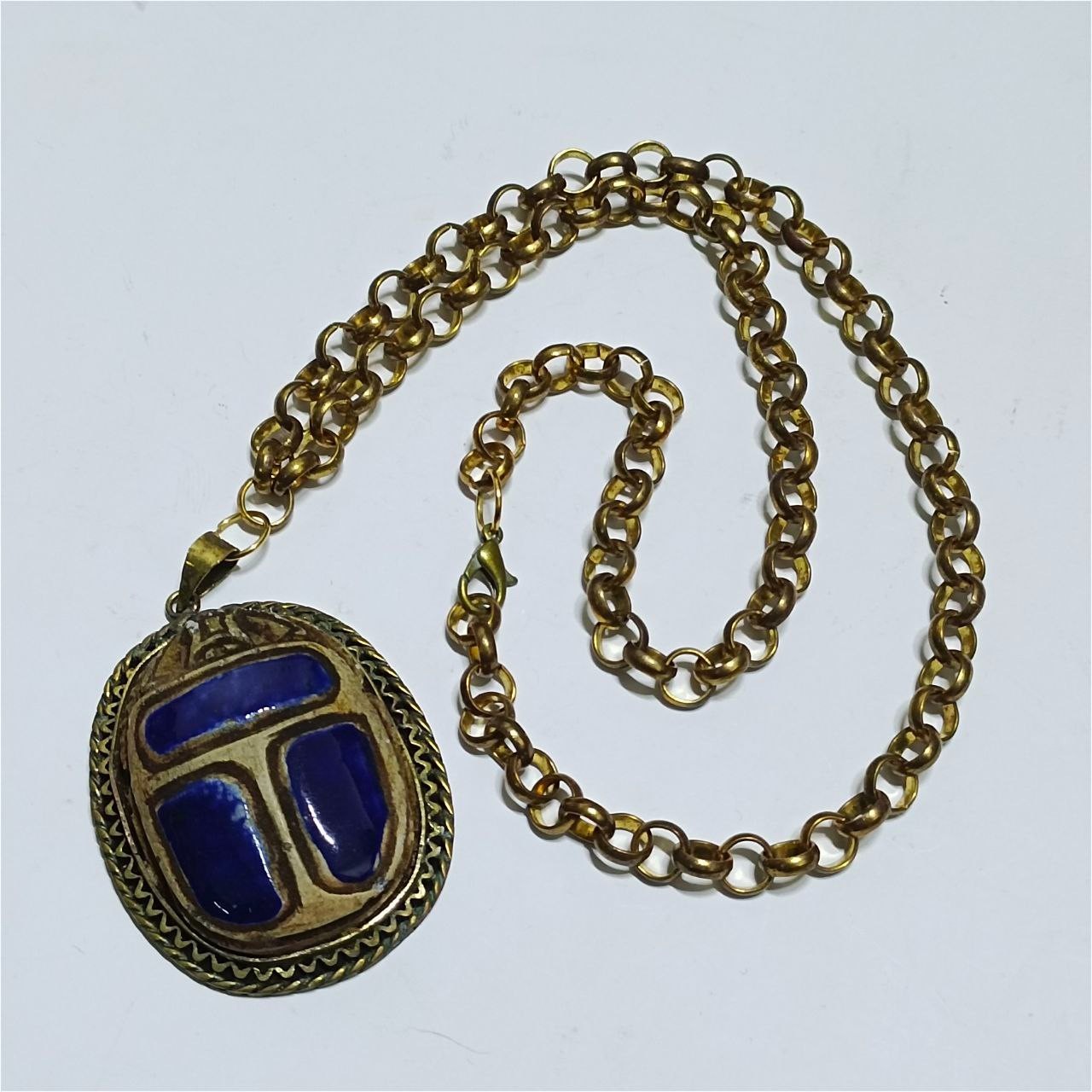 Vintage copper necklace with blue scarab pendant, ancient Egyptian style unique