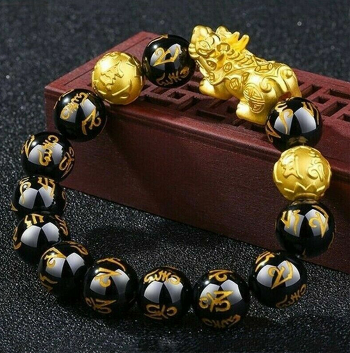 Feng Shui Black Obsidian Beads Bracelet Attract Wealth & Good Luck Bangle pixiu