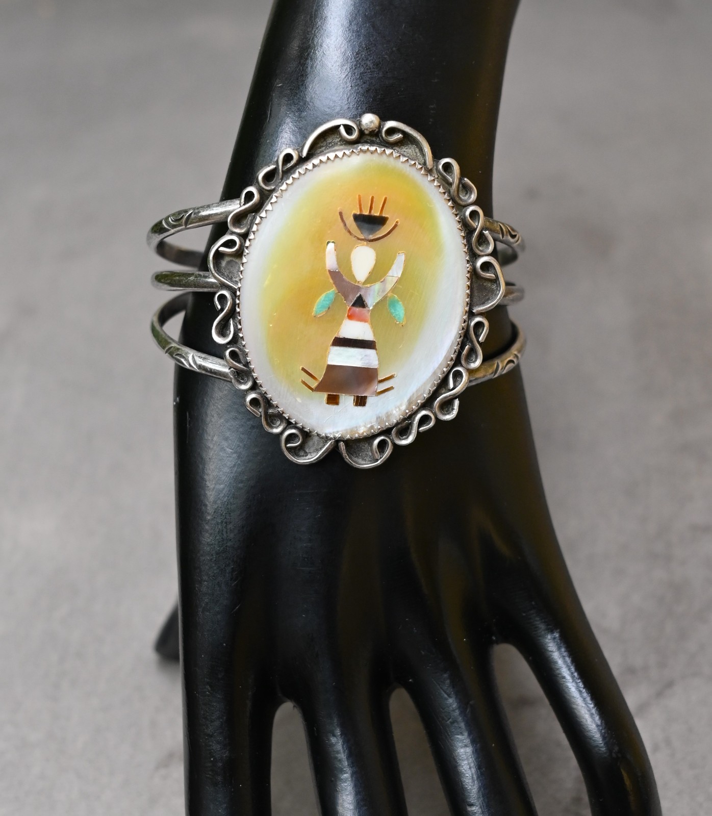 Tewa Pueblo Ga’an Dancer by Feline Naranjo Sterling & Gemstone 37 grm 6 3/4″ fit