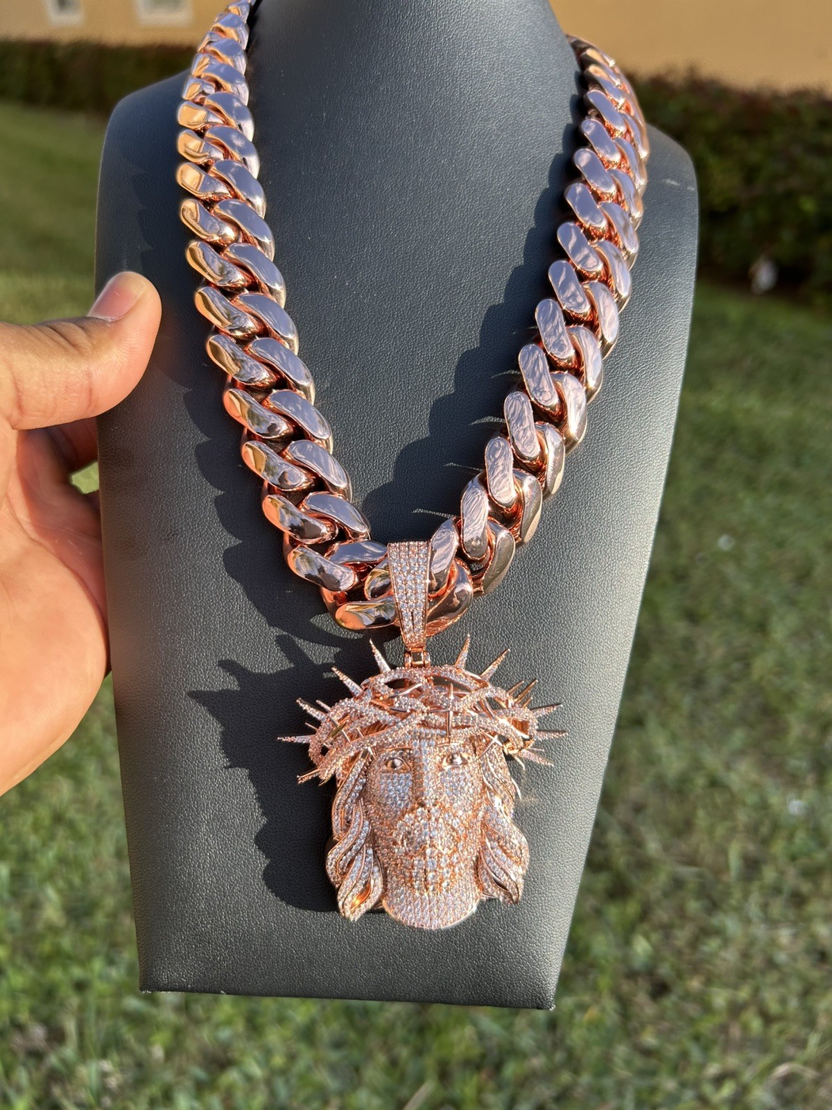 20mm Rose Gold Plated Miami Cuban Link & Jesus Thorn Crown Pendant 2 Piece
