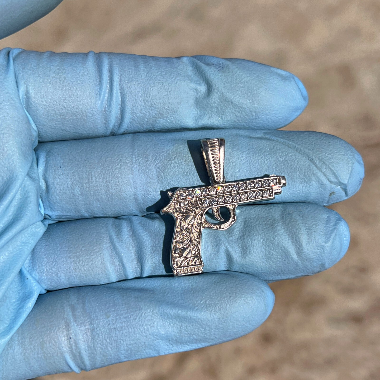 Real Solid 925 Sterling Silver Gun Pistol Scrollwork Engraving Iced CZ Pendant