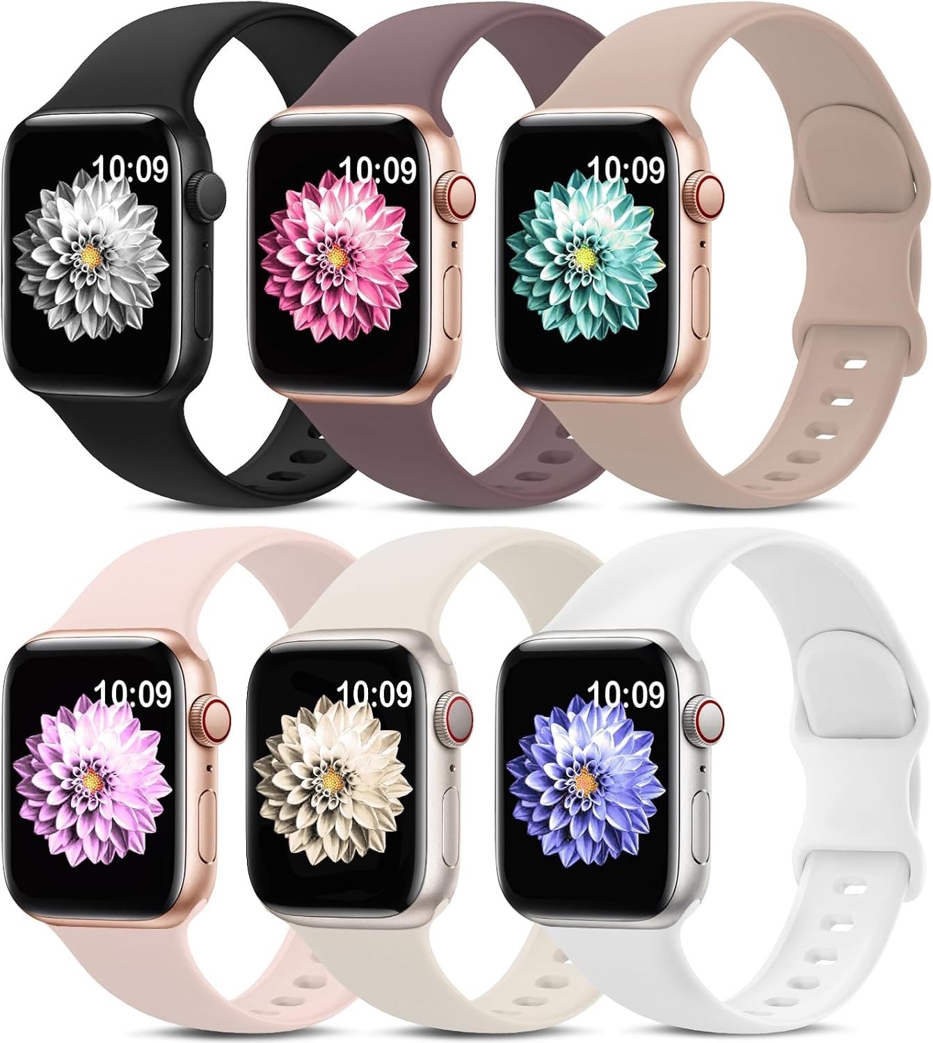 6 Pack Silicone Sport Bands Compatible wit Apple Watch 38/40/41/42/44/45/46/49mm
