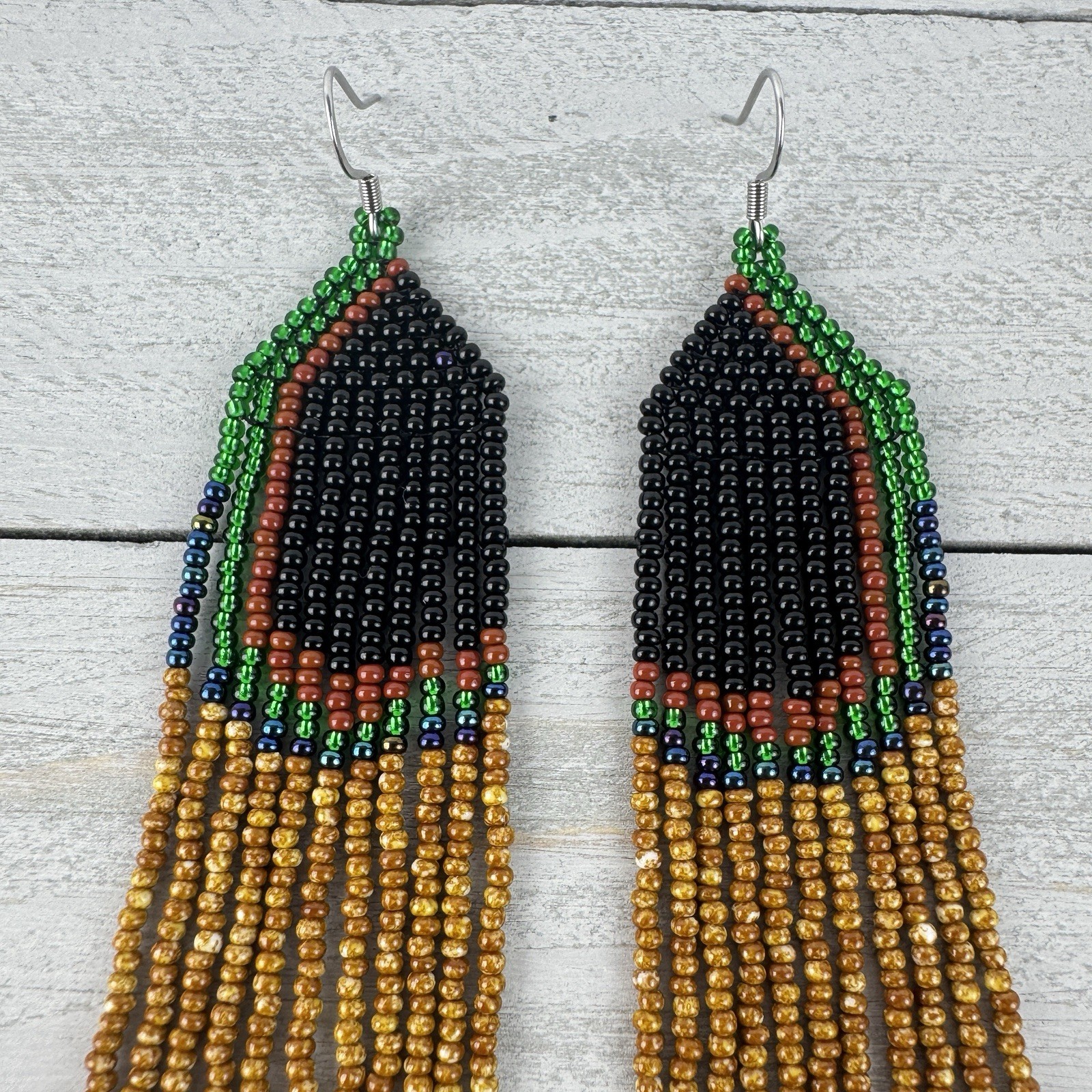 Handmade Beaded Long Dangle Earrings Black Brown Green & Blue Geo Design Peacock