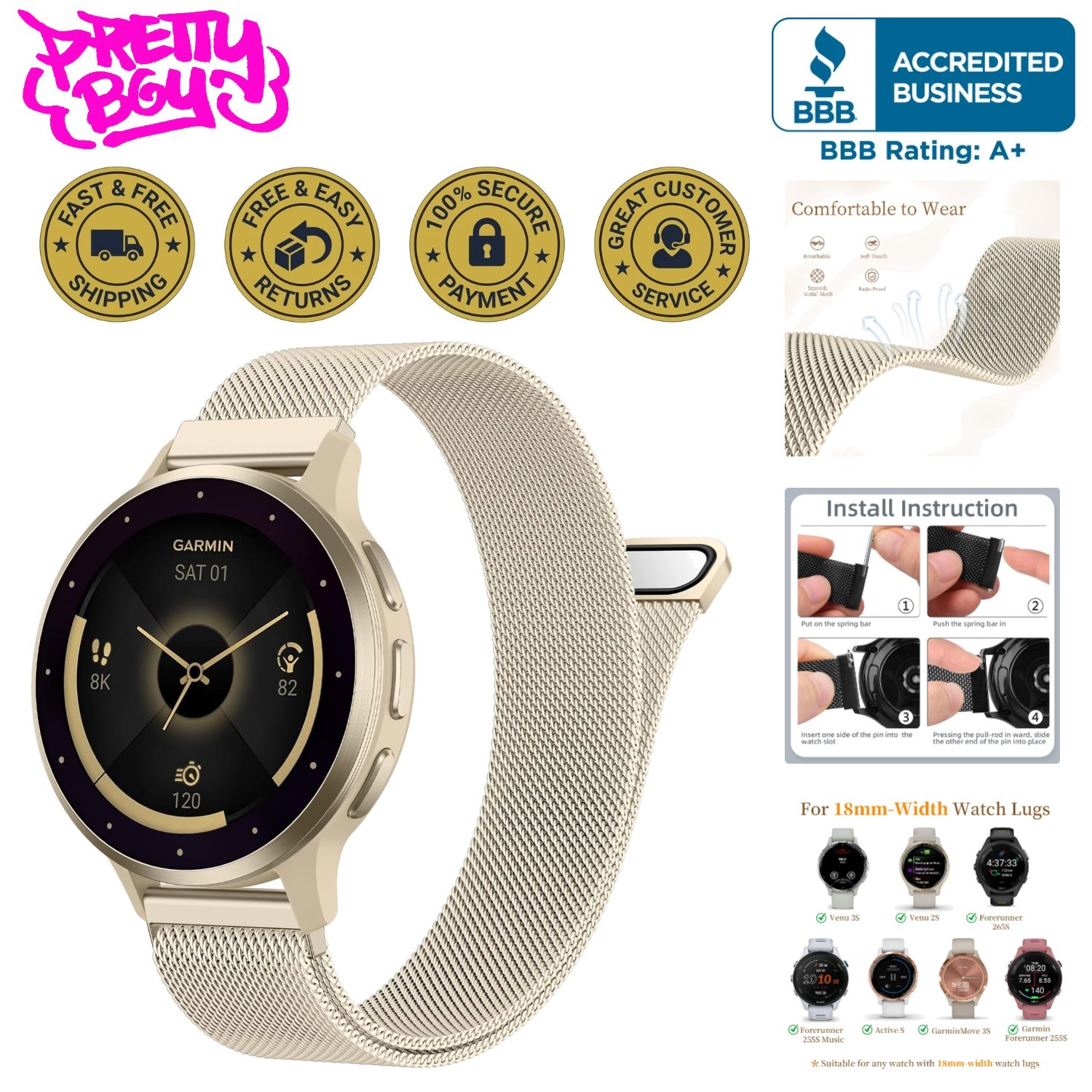 18mm Metal Bands for Garmin Venu 3S / Venu 4 41mm / Venu 2S / Vivoactive 4S /…