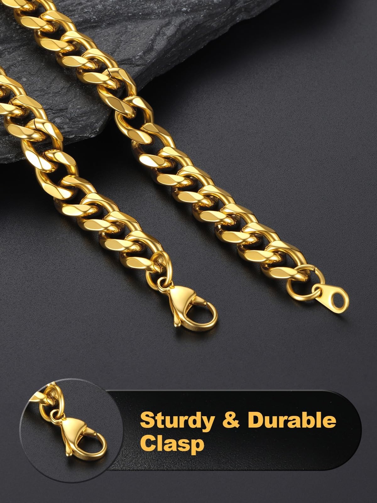 Chunky Cuban Link Chain Necklace, Stainless Steel Gold/Black, 14-30″ Curb Chain