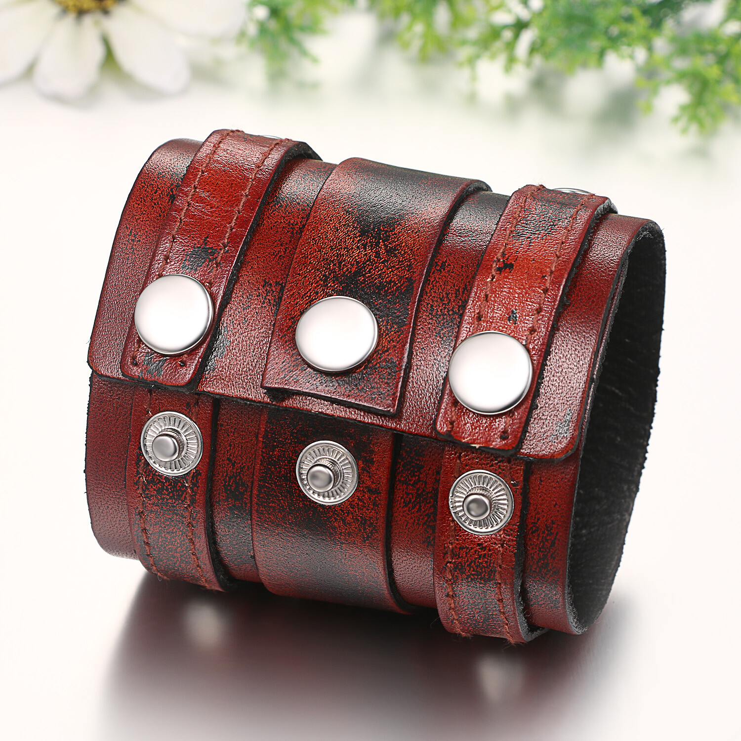 Men’s Punk Rocker Biker Gothic Heavy Wide Leather Straps Wristband Cuff Bracelet