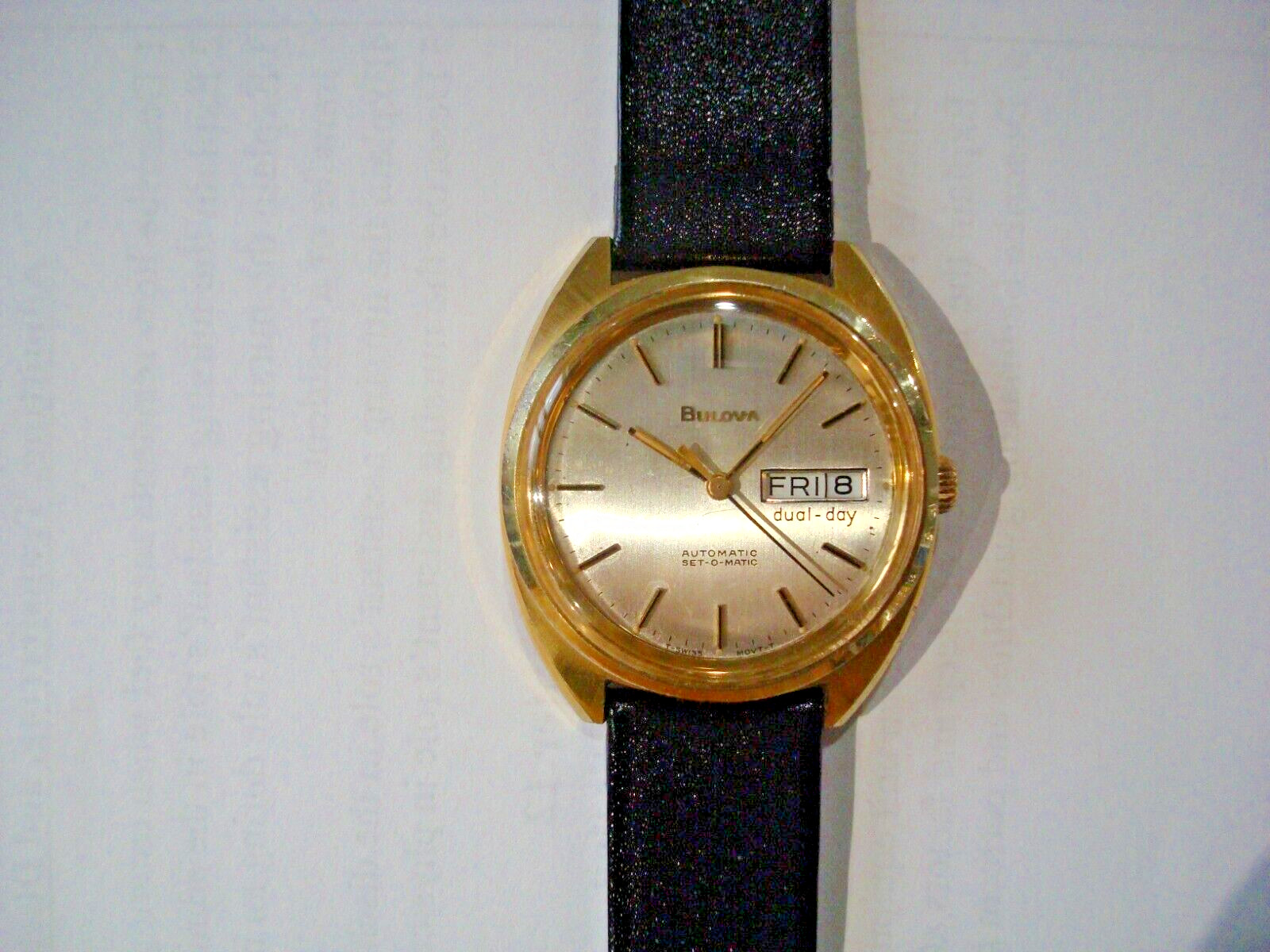 Bulova N7 Mens Automatic Watch 17j. ETA 2879 Day Date Quick Set New Band GC Runs