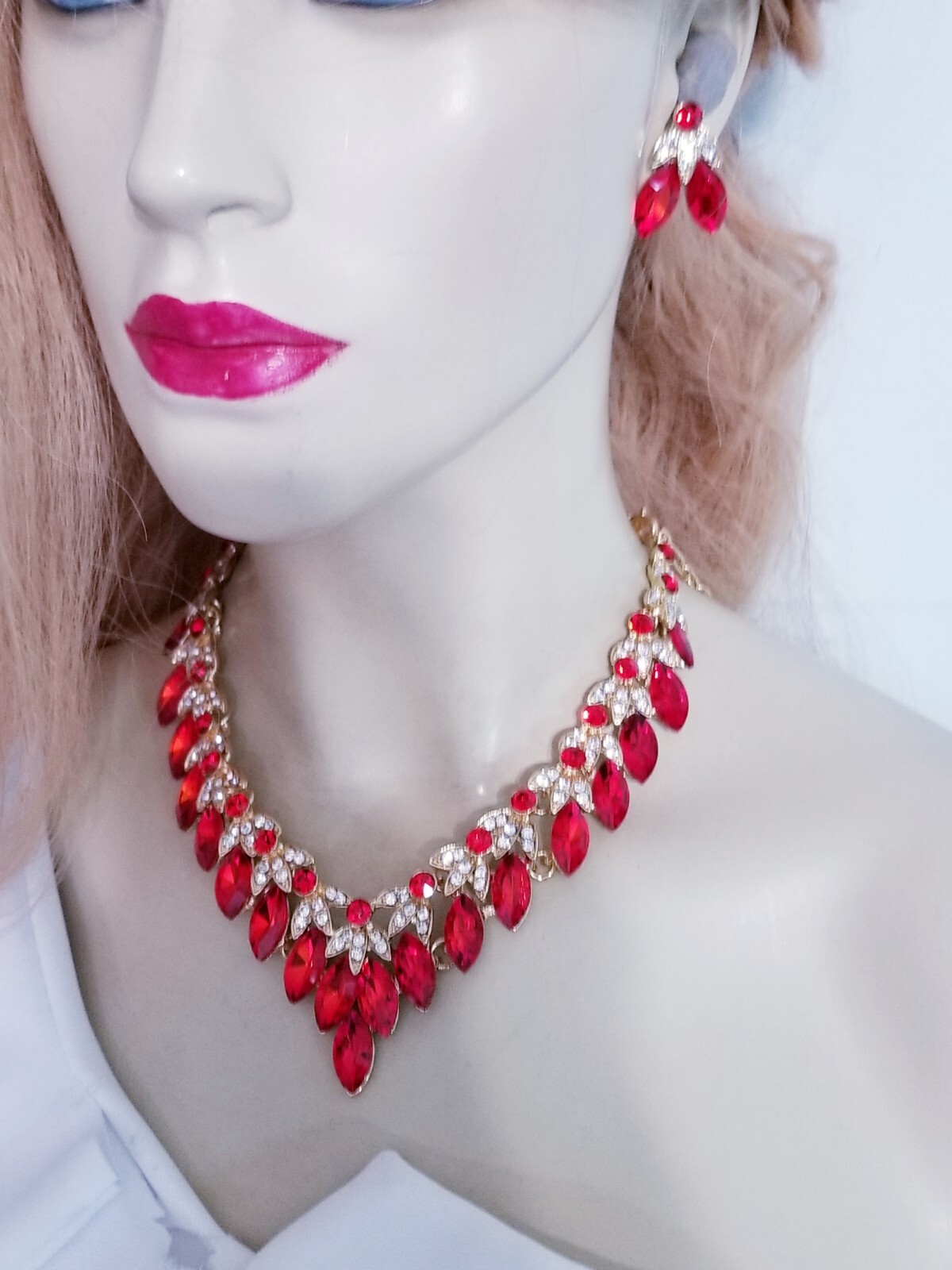 Red Crystal Choker Rhinestone Necklace Earring Set Bridal Prom Pageant