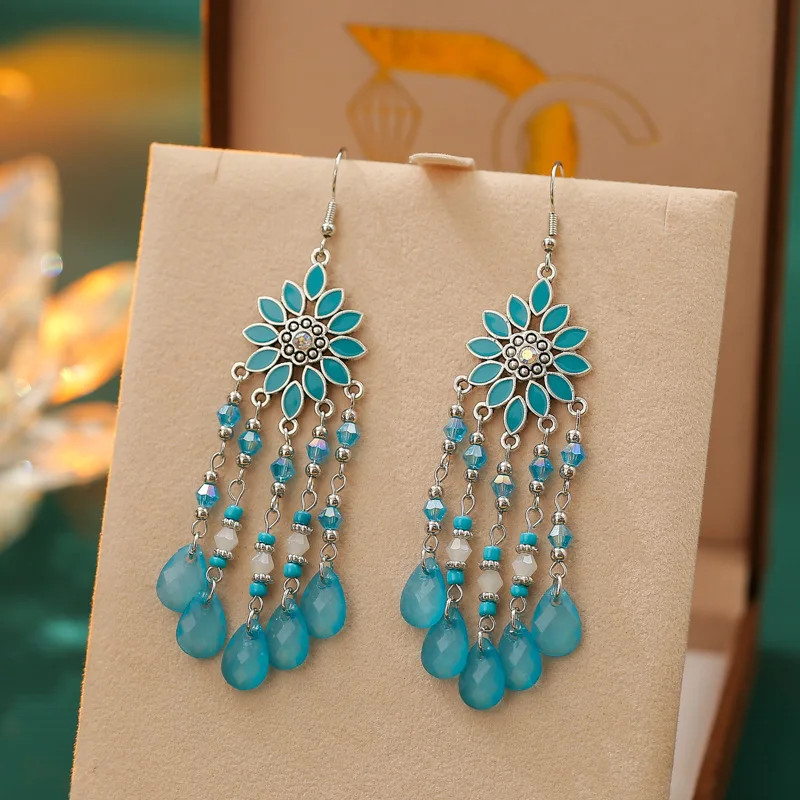 Bohemian Vacation Style Water Drop Tassel Earrings for Women Vintage Long Drop