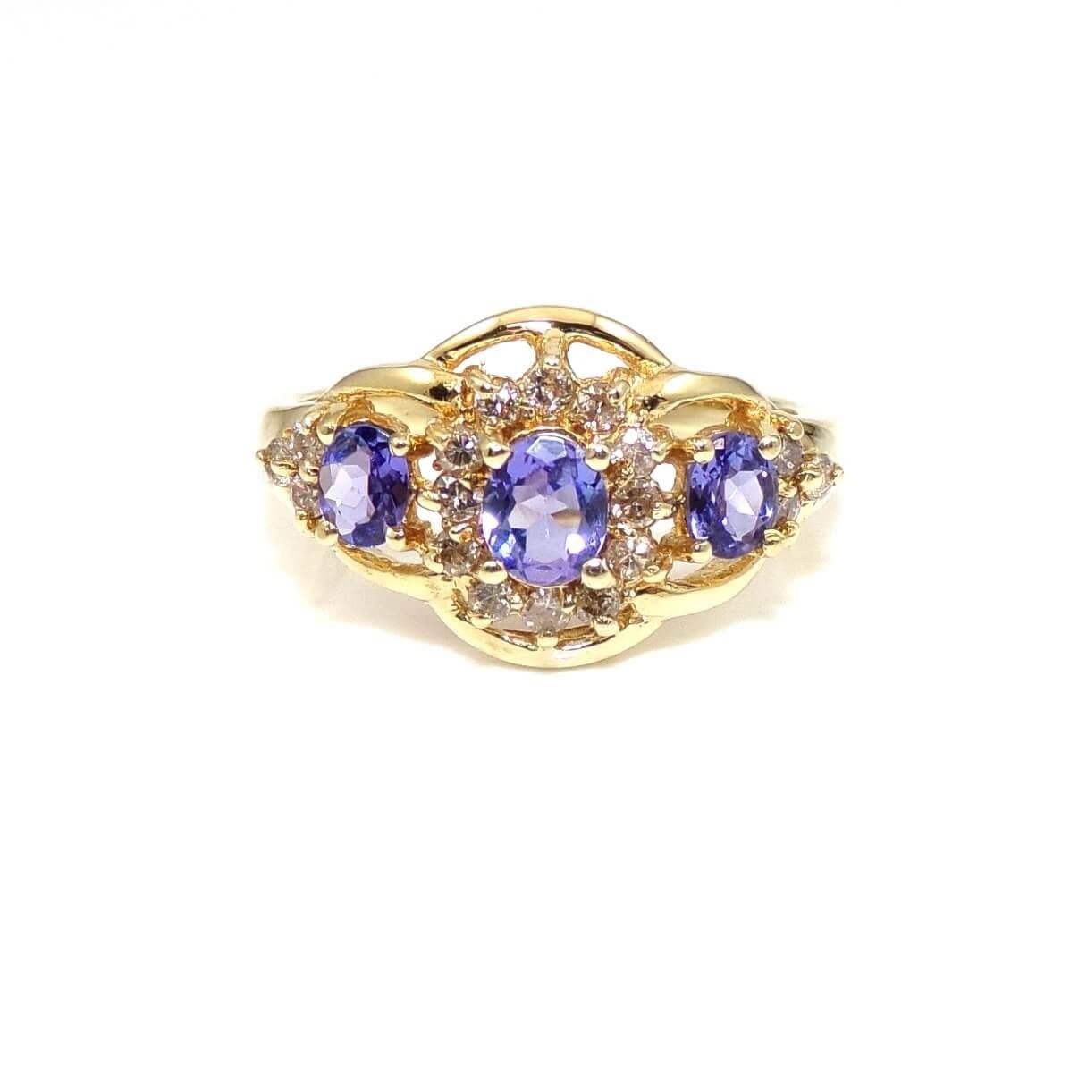 14K Yellow Gold Purple Tanzanite Diamond Three Stone Halo Ring Size 7.25