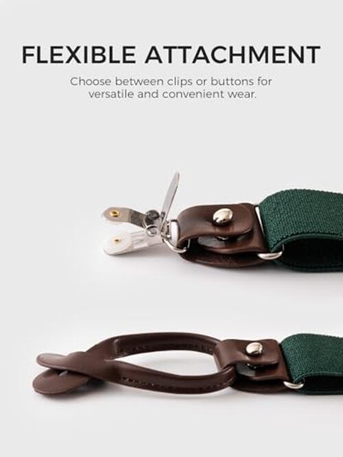 Suspenders for Men with Clip & 6 Buttons 1.4in Y-Shape Stainless Dark Green