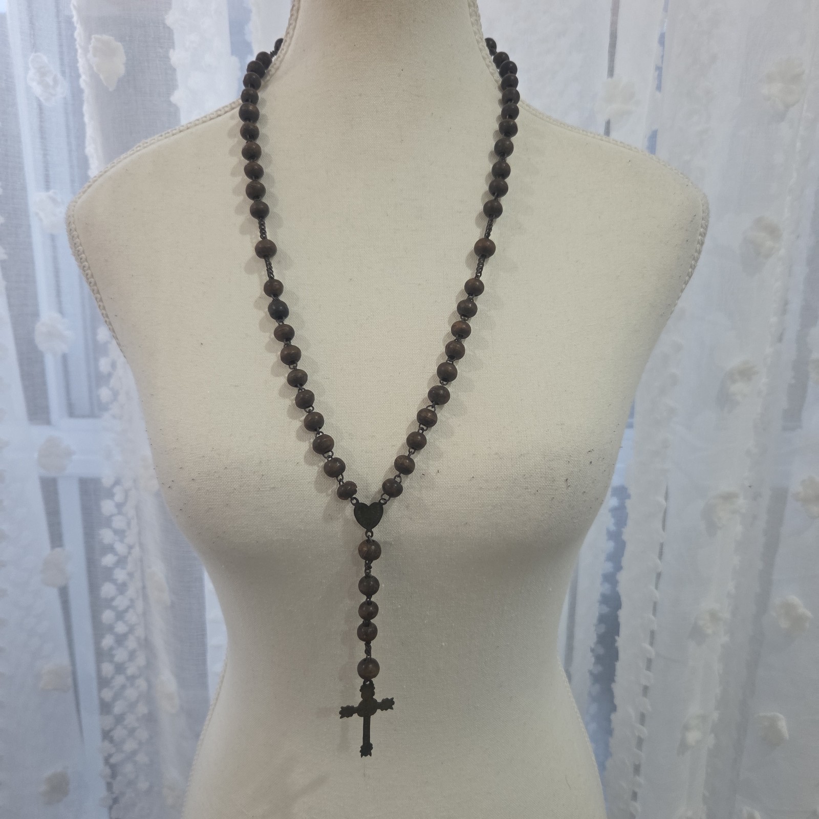 Antique French Wood Brass Rosary Beads & Cross 72cm Necklace 13cm To Cross