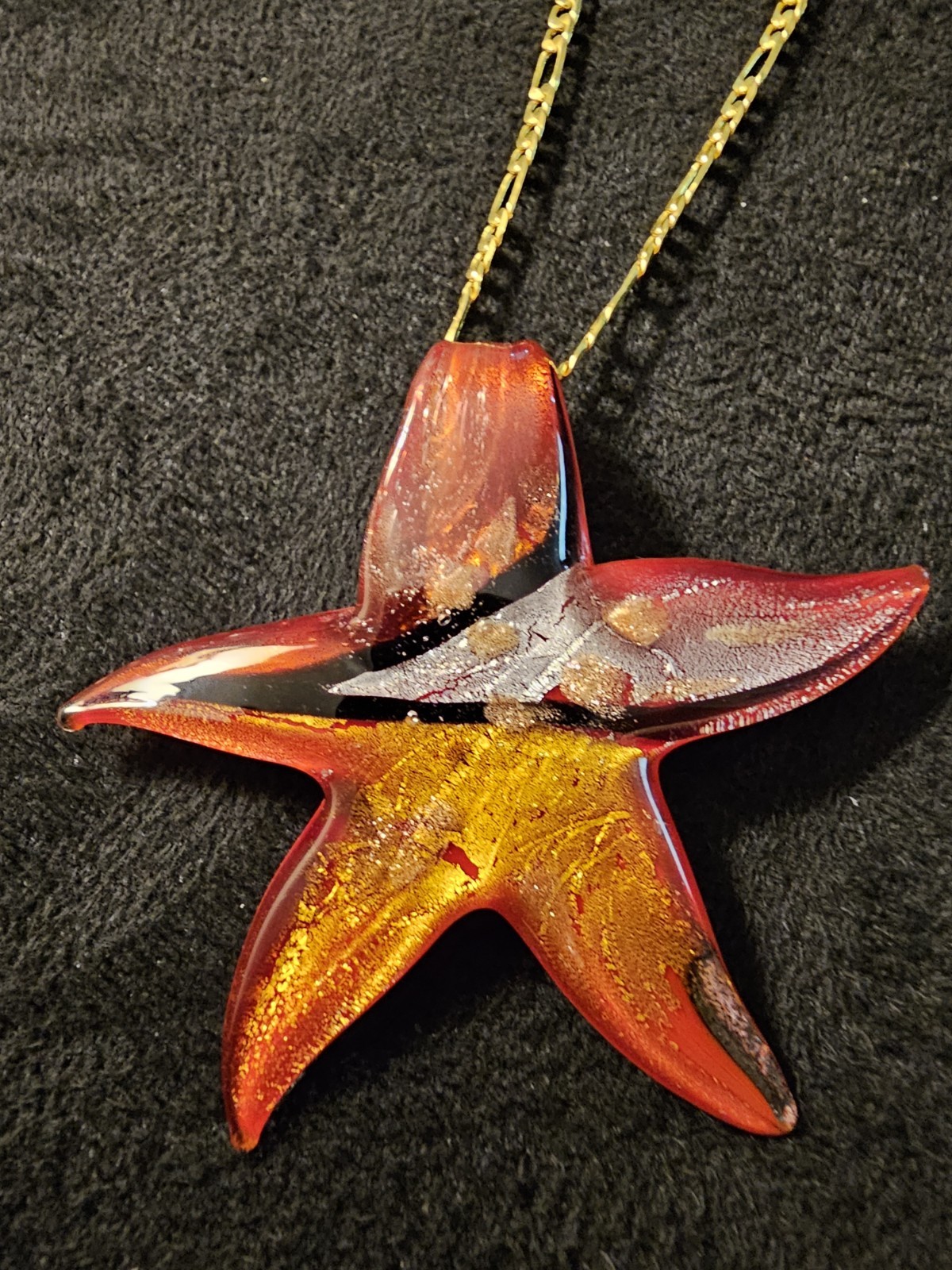 Murano Style Art Glass Starfish Pendant Necklace 18K GF 18″ Chain Red Gold