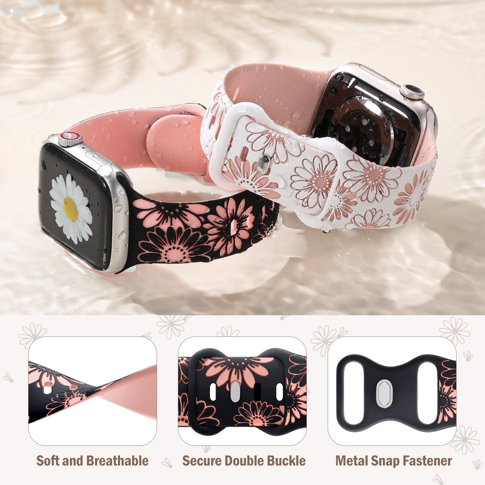 DaQin Floral Engraved Band 38mm/40mm/41mm/42mm(series 11 10), Black/Pink