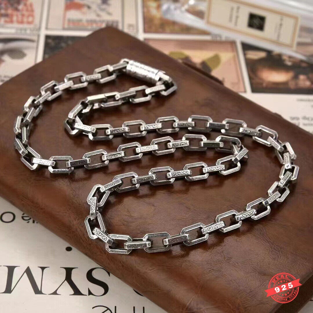 6MM 20-26″ Real 925 Sterling Silver Box Rectangle Link Necklace for Men Jewelry
